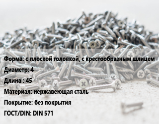 Шуруп с плоской головкой, с крестообразным шлицем 4х45 нержавеющая сталь без покрытия ГОСТ: DIN 571, шт цена от 149.3 Тг / кг, где купить, условия доставки в Атырау и Атырауской области области